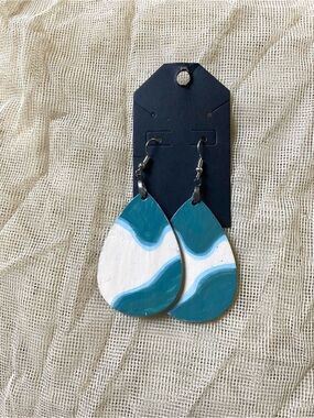 Hand-Painted Teal & White Teardrop Earrings